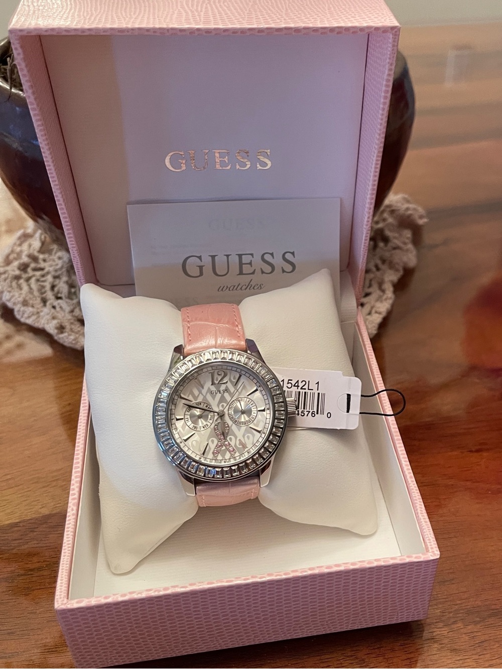 GUESS Silver Dial Watch with Pink Leather Strap and Crystal Bezel